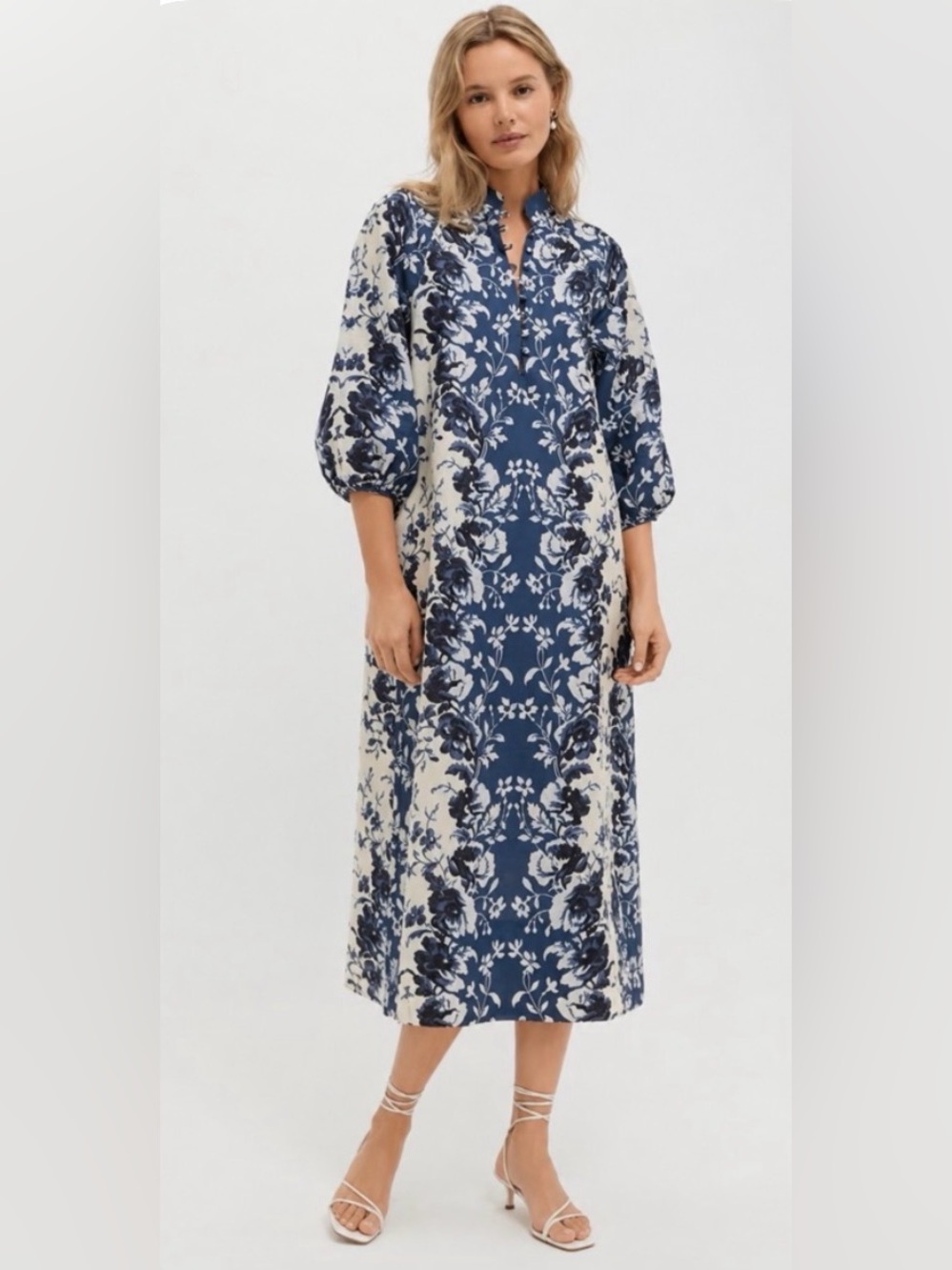 Tuckernuck Linen Cotton Maryse Caftan Midi Dress Indigo Reflection Blue Cream XL